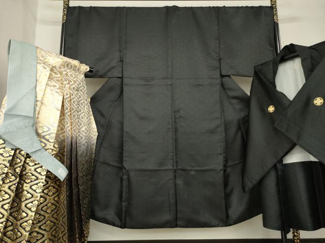 平和屋着物○男性 黒紋付 羽織・行灯袴・つけ帯セット 洗える着物 逸品