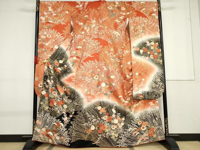 平和屋着物○豪華振袖 牡丹花蝶文 ラメ糸 暈し染め 銀通し地 正絹 逸品