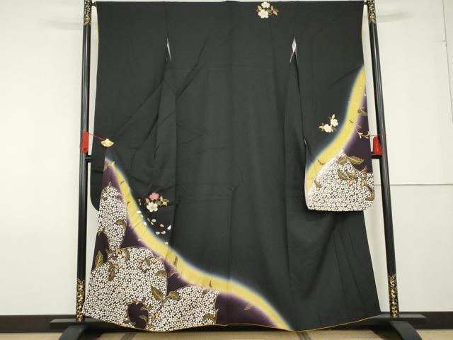 平和屋着物●豪華振袖　夜桜　唐草　暈し染め　黒地　金銀彩　正絹　逸品　AABF9105cs 平和屋着物○豪華振袖 夜桜 唐草 暈し染め 黒地 金銀彩 正絹 逸品