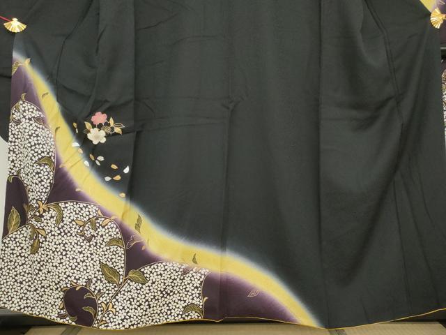 平和屋着物○豪華振袖 夜桜 唐草 暈し染め 黒地 金銀彩 正絹 逸品