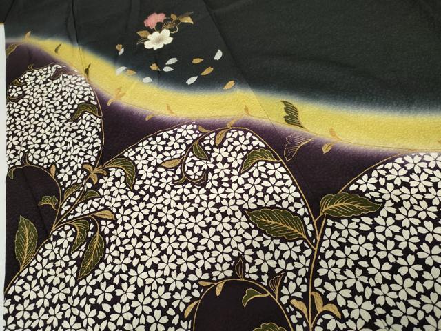 平和屋着物●豪華振袖　夜桜　唐草　暈し染め　黒地　金銀彩　正絹　逸品　AABF9105cs 平和屋着物○豪華振袖 夜桜 唐草 暈し染め 黒地 金銀彩 正絹 逸品