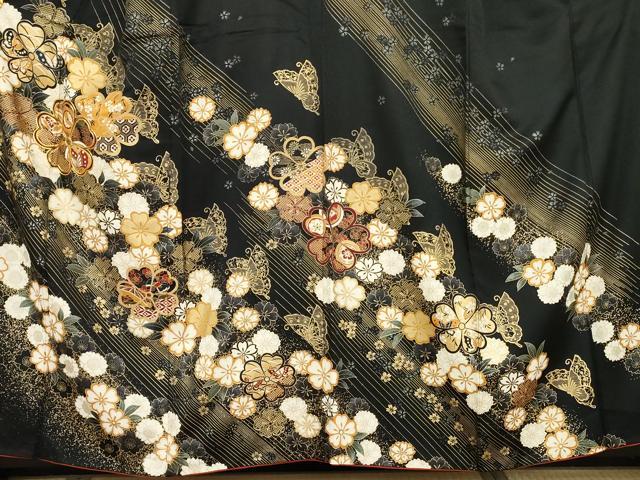 平和屋着物●訪問着　駒刺繍　花蝶文　黒地　金彩　正絹　逸品　AABF9145cs_2