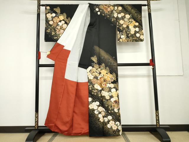 平和屋着物●訪問着　駒刺繍　花蝶文　黒地　金彩　正絹　逸品　AABF9145cs_1