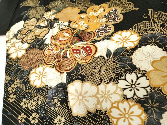 平和屋着物●訪問着　駒刺繍　花蝶文　黒地　金彩　正絹　逸品　AABF9145cs_3