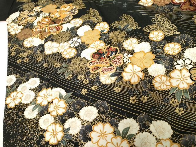 平和屋着物●訪問着　駒刺繍　花蝶文　黒地　金彩　正絹　逸品　AABF9145cs_4