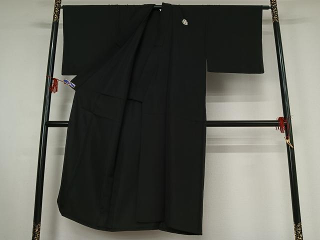 平和屋着物▽男性　黒紋付　単衣　羽織セット　暗黒色　正絹　逸品　AABF9170jh_1