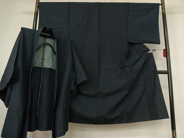 平和屋着物▽男性　紬　単衣　濃藍色　アンサンブル　正絹　逸品　AABF9184jh