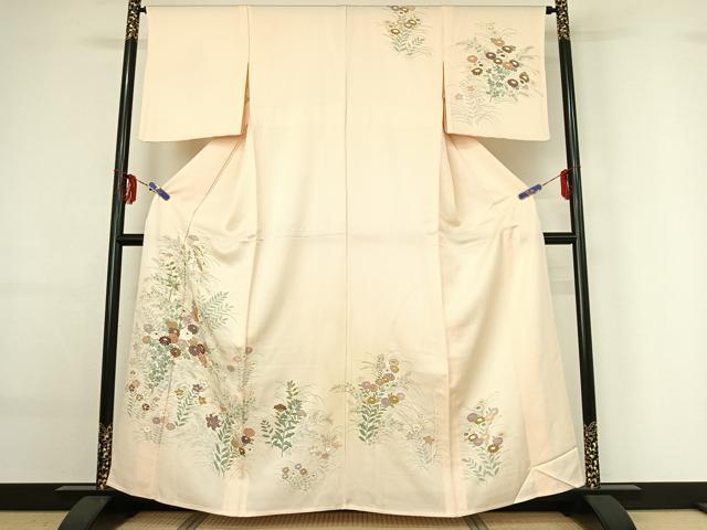 平和屋着物▽訪問着　単衣　刺繍　草花文　正絹　逸品　AABG0210jh