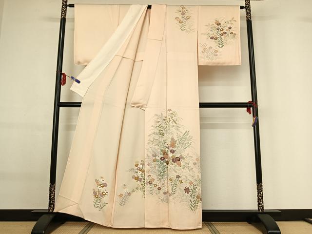 平和屋着物▽訪問着　単衣　刺繍　草花文　正絹　逸品　AABG0210jh_1