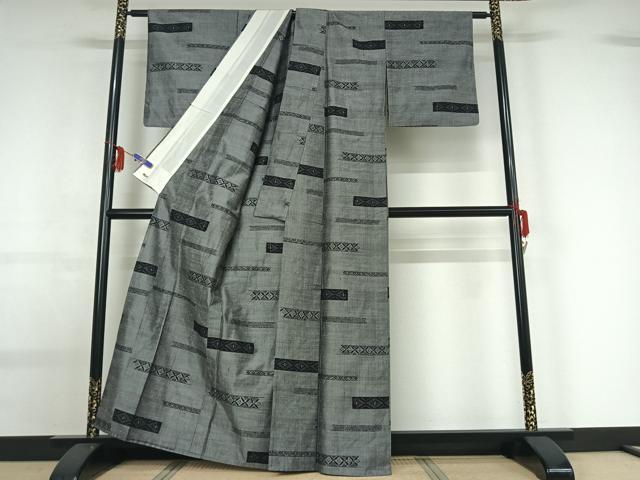 平和屋着物▽上質な紬　単衣　横段文　三越扱い　正絹　逸品　AABG0233jh