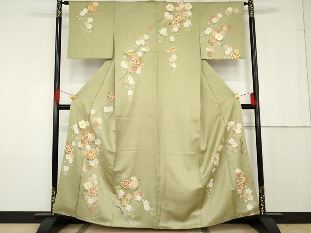 平和屋着物●英王室献上友禅作家　木下勝功　訪問着　ラインストーン　枝花文　金彩　銀通し地　正絹　逸品　AABG0310cs