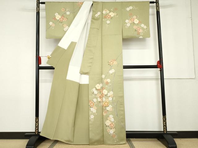 平和屋着物●英王室献上友禅作家　木下勝功　訪問着　ラインストーン　枝花文　金彩　銀通し地　正絹　逸品　AABG0310cs_1