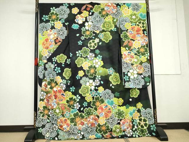 平和屋着物●豪華振袖　舞花文　暈し染め　黒地　洗える着物　未使用　AABG0348cs