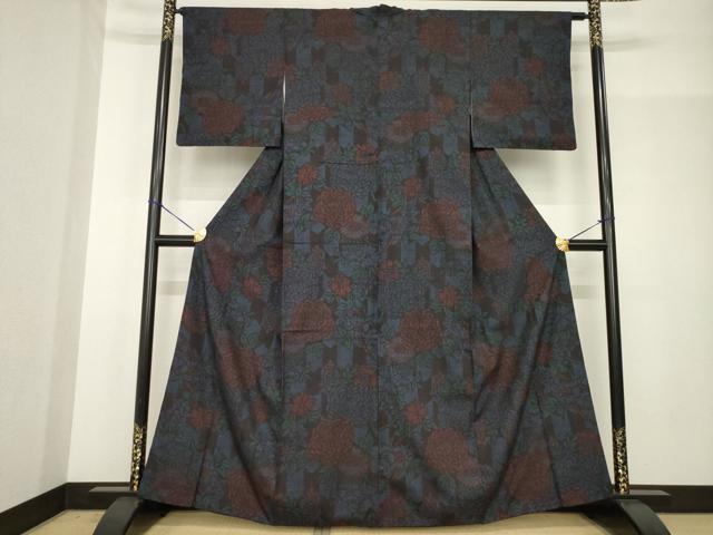 平和屋着物●本場結城紬　重要無形文化財　100亀甲　菊　正絹　逸品　AABG0816ck_1