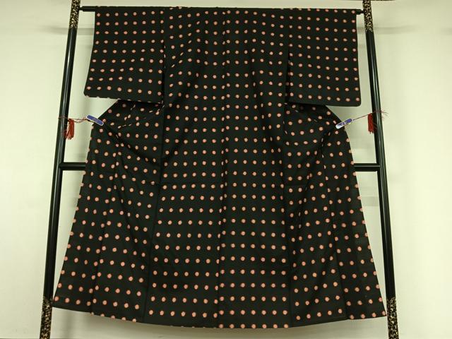 平和屋着物▽上質な紬　単衣　丸文　黒地　正絹　逸品　AABG0981jh_1