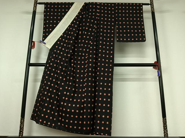 平和屋着物▽上質な紬　単衣　丸文　黒地　正絹　逸品　AABG0981jh_2