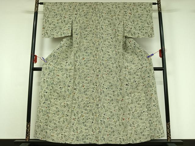 平和屋着物▽上質な小紋　単衣　型染め　草花文　鬼しぼ縮緬　正絹　逸品　AABG0990jh_1