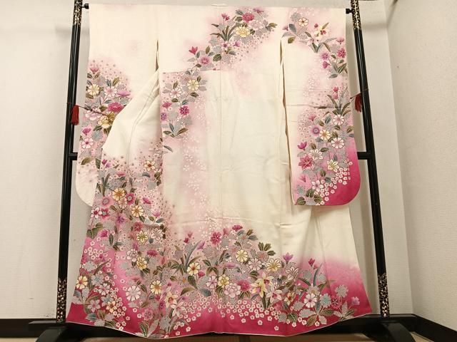 平和屋着物●豪華振袖　駒刺繍　草花文　暈し染め　金彩　正絹　逸品　AABG1049ph 平和屋着物○豪華振袖 総絞り 駒刺繍 草花丸文 黒地 金彩 正絹 逸品