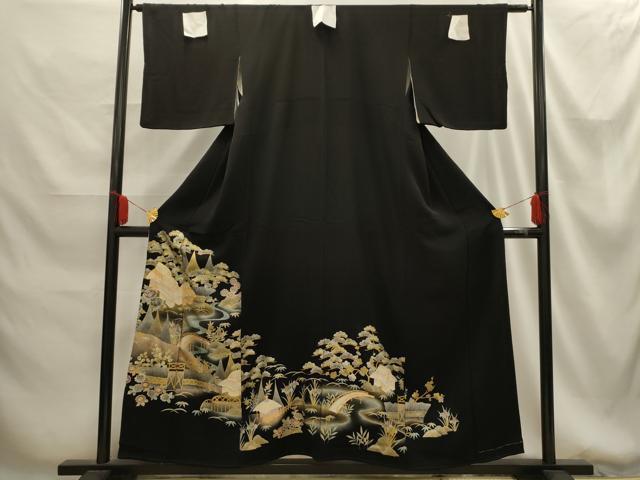 平和屋着物■豪華黒留袖　駒刺繍　松竹梅渡橋風景文　正絹　逸品　AABG1334sx