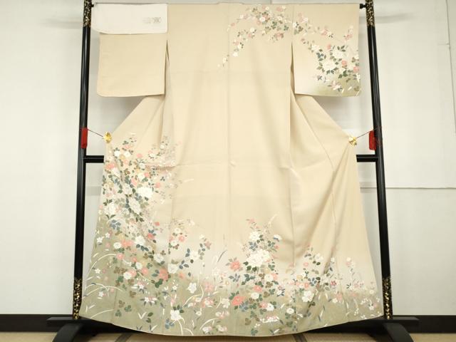 平和屋着物●訪問着　友禅　枝花文　暈し染め　丹後ちりめん　反端付き　正絹　逸品　AABG2703cs