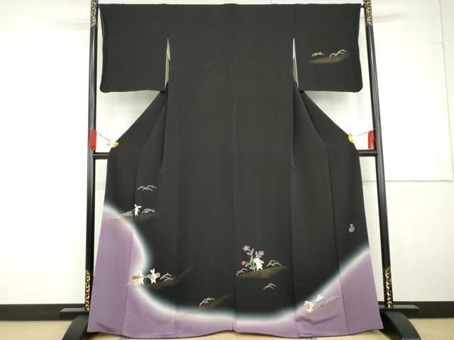 平和屋着物●人形作家・ホリヒロシ　訪問着　兎のお月見　暈し染め　黒地　金彩　鬼しぼ縮緬　正絹　逸品　AABG2724cs