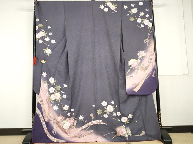 平和屋着物○豪華振袖 型染め 花蝶文 鬼しぼ縮緬 正絹 逸品 AABG9067ph