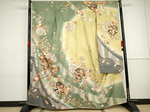 平和屋着物●豪華振袖　駒刺繍　雪輪鳳凰花蝶文　暈し染め　金彩　正絹　逸品　AABG2770cs