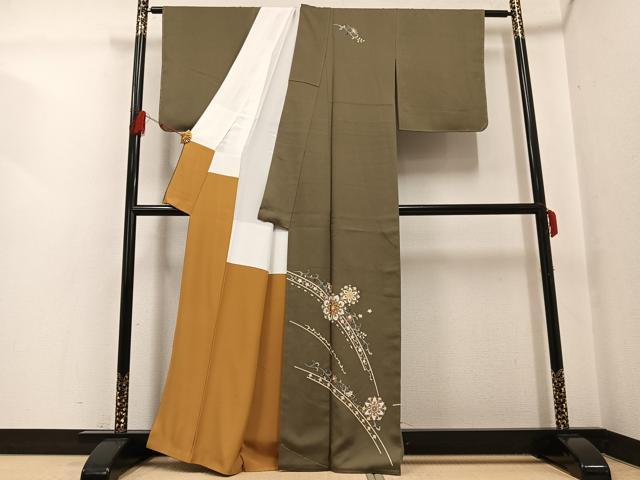 平和屋着物●訪問着　草花文　丹後ちりめん　反端付き　正絹　逸品　AABG2825ph_1