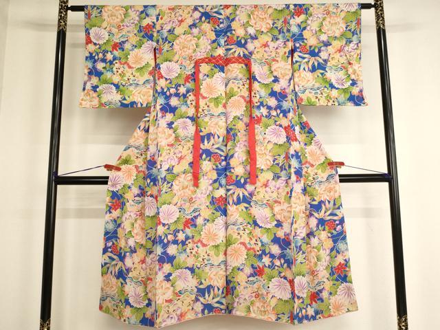 平和屋着物[]アンティーク　七五三　女の子　７歳　祝着　四つ身　舞扇花文　正絹　逸品　AABG3223ja