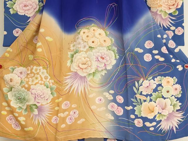 平和屋着物[]アンティーク　大正ロマン　七五三　女の子　5歳　祝着　四つ身　手描き　刺繍　花丸文　暈し染め　正絹　逸品　AABG3233ja_2