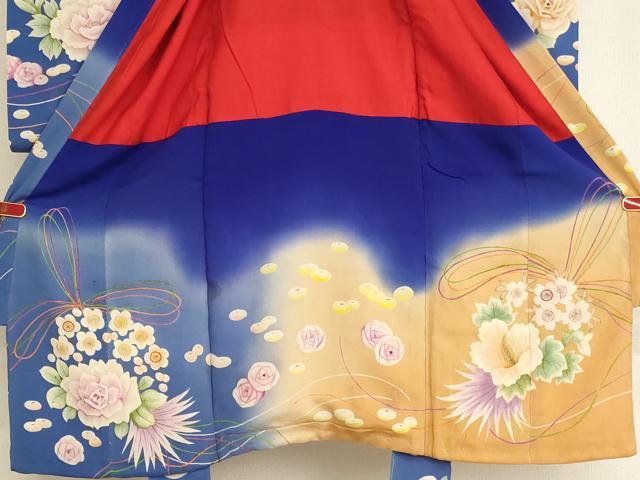 平和屋着物[]アンティーク　大正ロマン　七五三　女の子　5歳　祝着　四つ身　手描き　刺繍　花丸文　暈し染め　正絹　逸品　AABG3233ja_3