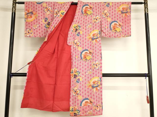 平和屋着物[]アンティーク　大正ロマン　七五三　女の子　7歳　祝着　四つ身　花鳥丸文　鯛　麻の葉文様　正絹　逸品　AABG3356ja_1