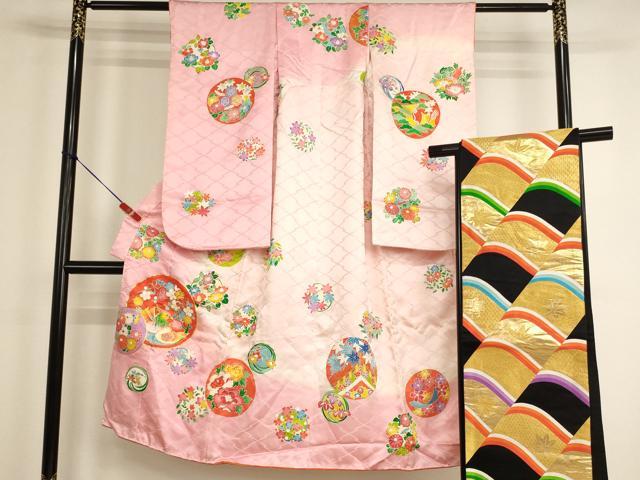 平和屋着物[]七五三 女の子 ７歳 祝着 四つ身 帯セット 駒刺繍 鴛鴦花