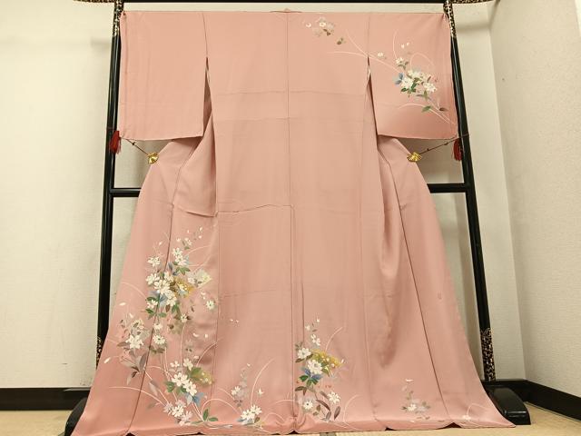 平和屋着物●訪問着　友禅　作家物　扇面草花文　暈し染め　金彩　ロング丈　正絹　逸品　未使用　AABG3421ph 平和屋着物○訪問着 友禅 作家物 扇面草花文 暈し染め 金彩 ロング丈