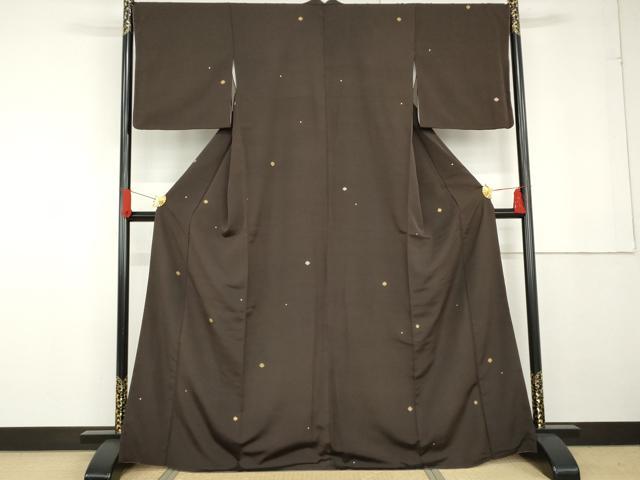 平和屋着物○上質な小紋 紬地 箔散らし 飛び柄 赤墨色 金銀彩 正絹
