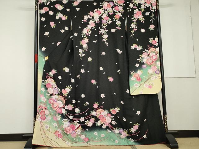 平和屋着物●豪華振袖　花薬玉　暈し染め　黒地　金彩　金通し地　正絹　逸品　AABG3511cs 平和屋着物○豪華振袖 花薬玉 暈し染め 黒地 金彩 金通し地 正絹 逸品