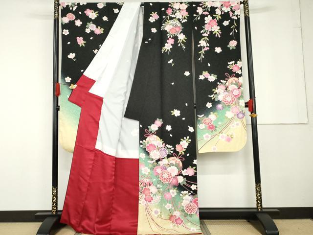 平和屋着物●豪華振袖　花薬玉　暈し染め　黒地　金彩　金通し地　正絹　逸品　AABG3511cs 平和屋着物○豪華振袖 花薬玉 暈し染め 黒地 金彩 金通し地 正絹 逸品