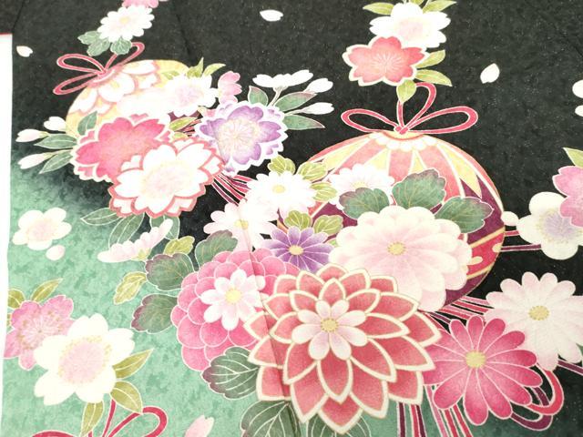 平和屋着物●豪華振袖　花薬玉　暈し染め　黒地　金彩　金通し地　正絹　逸品　AABG3511cs 平和屋着物○豪華振袖 花薬玉 暈し染め 黒地 金彩 金通し地 正絹 逸品