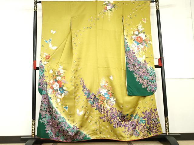 平和屋着物●豪華振袖　更紗花蝶文　暈し染め　金彩　正絹　逸品　AABG3514cs 平和屋着物○豪華振袖 花蝶文 暈し染め 金彩 正絹 逸品 AABG7526phの