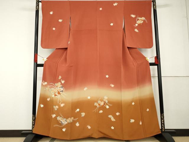 平和屋着物●訪問着　友禅　扇面花文　暈し染め　金彩　鬼しぼ縮緬　正絹　逸品　AABG3536cs
