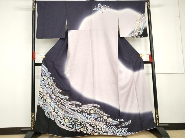 平和屋着物●訪問着　辻が花　暈し染め　金彩　銀通し地　正絹　逸品　AABG3561cs