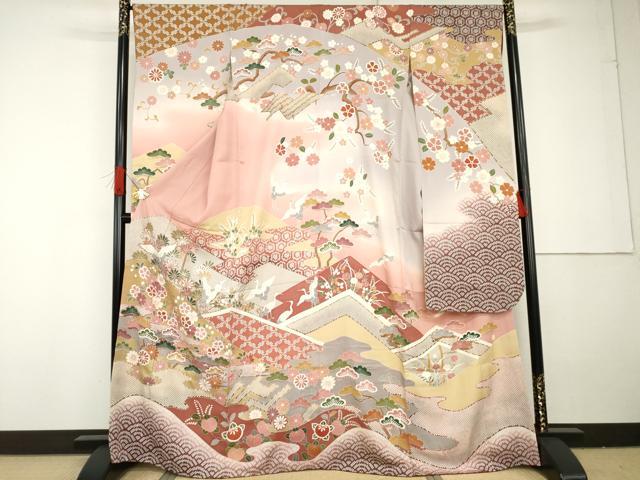 平和屋着物●豪華振袖　友禅　作家物　飛鶴梅松花文　暈し染め　金彩　正絹　逸品　AABG3594cs