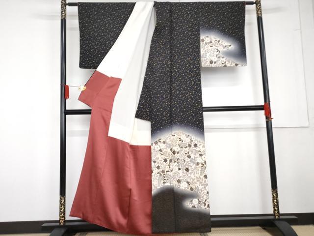平和屋着物●訪問着　辻が花　暈し染め　黒地　金彩　正絹　逸品　AABG3601cs_1