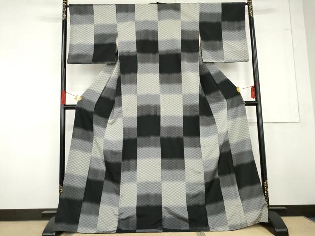 平和屋着物●お召　変わり市松　正絹　逸品　AABG3635cs