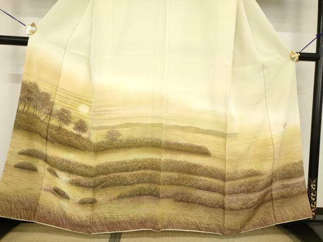 平和屋着物●樋熊哲也　訪問着　辻が花　絞り　手描き　訪問着・袋帯セット　夕日　浜ちりめん　反端付き　正絹　逸品　AABG3647ck_2