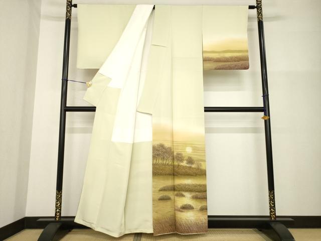 平和屋着物●樋熊哲也　訪問着　辻が花　絞り　手描き　訪問着・袋帯セット　夕日　浜ちりめん　反端付き　正絹　逸品　AABG3647ck_1