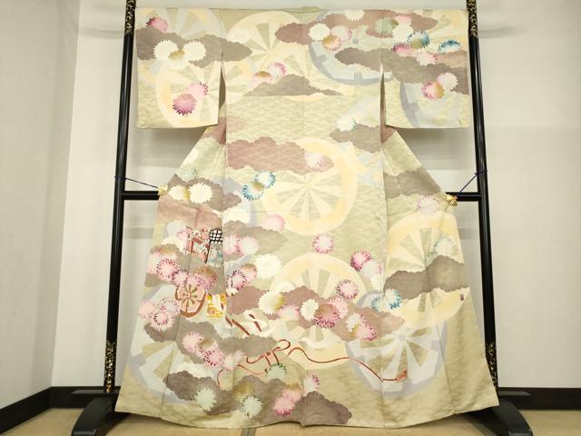 平和屋着物●訪問着　友禅　作家物　御所車花文　正絹　逸品　AABG3659ck 平和屋着物○訪問着 友禅 作家物 御所車花文 正絹 逸品 AABG3659ck