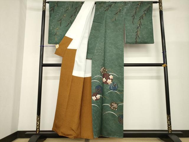 平和屋着物●森英恵・HANAE MORI　訪問着　雪輪花蝶文　芝　金彩　金通し地　正絹　逸品　AABG3684ck_1