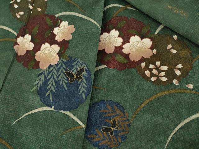 平和屋着物●森英恵・HANAE MORI　訪問着　雪輪花蝶文　芝　金彩　金通し地　正絹　逸品　AABG3684ck_9