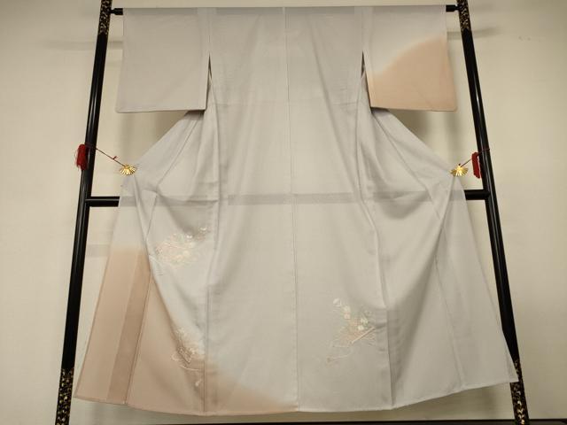 平和屋着物＊夏物　訪問着　縦絽　刺繍　草花文　暈し染め　正絹　逸品　AABG3921jd